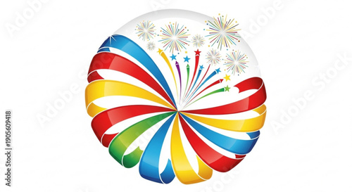 Colorful Pinwheel with Fireworks on White Background