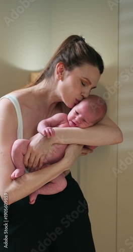 Young mother tenderly cradles her newborn infant, gazing down with affection in a warm, indoor setting