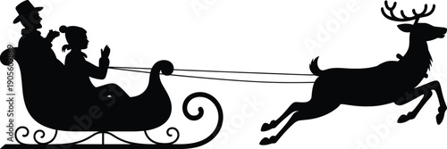 Black silhouette of a couple riding in a traditional Christmas sleigh pulled by a reindeer, winter holiday travel scene isolated,