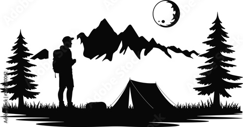 Black silhouette of a hiker with backpack at a mountain campsite with tent, trees and moon isolated on white background