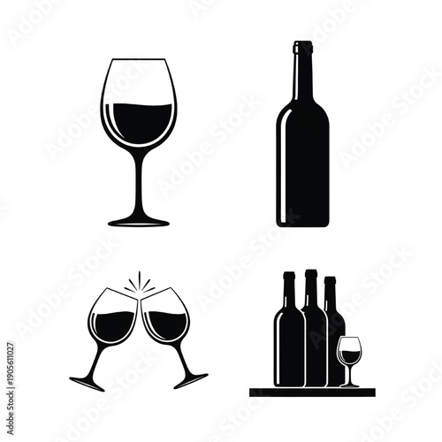 Wine tasting event with glasses and bottles on a table, viewed from directly above, showcasing various wine-related illustrations