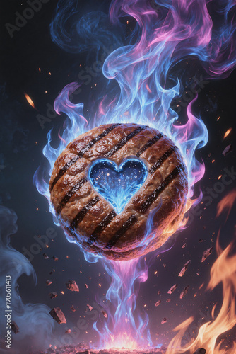 A fiery heart shaped grilled burger patty engulfed in blue purple flames on dark smoky background, surreal passionate food concept.