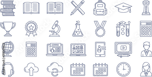 Education and Online Learning Icon Set with School Supplies, Science Tools, Graduation, Awards, Digital Courses, and Academic Study Symbols