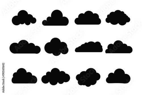 Cloud icons set. Solid blue styles, representing weather, sky, digital storage, weather apps, UI elements, and clean minimal designs. white cloud and blue sky vector set. cartoon clouds in flat design