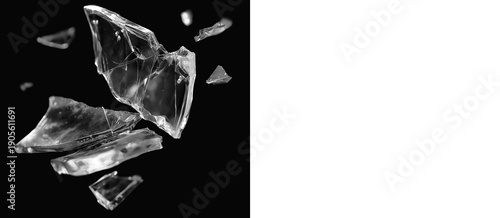 Multiple flying glass fragments with sharp textures, perfect for high-impact visual effects and transparent PNG compositions.