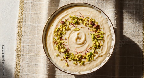 A plate of creamy hummus garnished with pistachios on a beige tablecloth