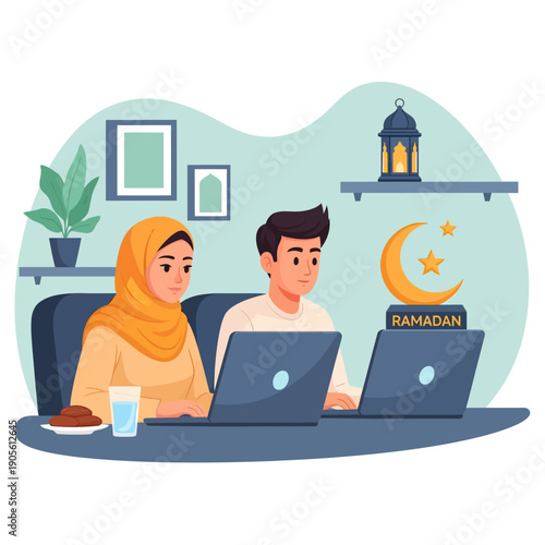 Muslim Working From Home During Ramadan Flat Vector Illustration