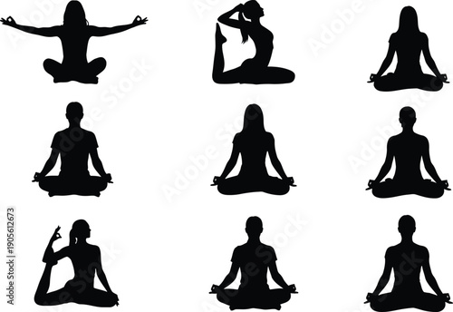 Yoga poses silhouette illustrations for fitness and wellness