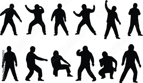 Collection of black silhouette figures in various poses and actions