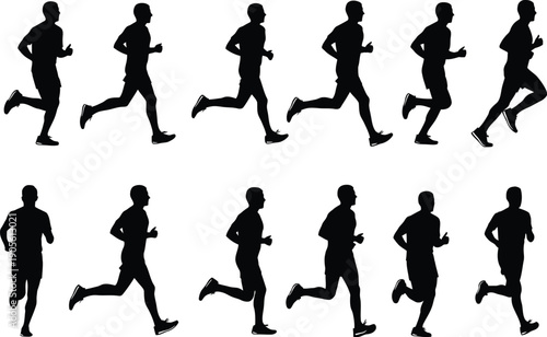 Silhouette of multiple runners in various poses on a white background