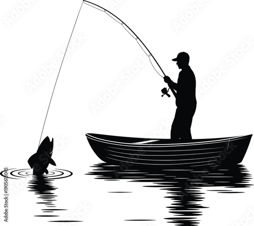 Black silhouette of a fisherman in a boat catching a large fish on a lake at sunset, outdoor fishing adventure illustration. (20 words)