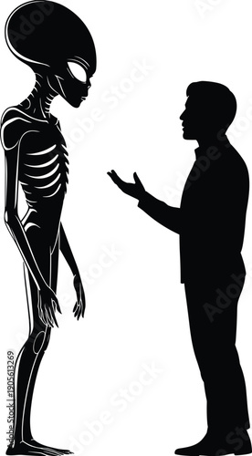 Black silhouette of a tall grey alien standing in front of a human man, extraterrestrial first contact encounter and sci-fi illustration isolated on white background