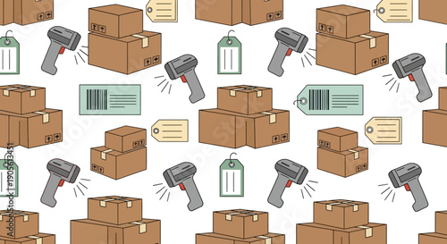 Seamless pattern of shipping boxes, barcode scanners, and product labels for logistics and e-commerce