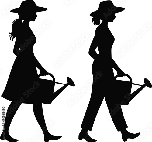 Black silhouette of female gardeners walking and carrying watering cans, women wearing sun hats for gardening, landscaping, and backyard hobby. (20 words)