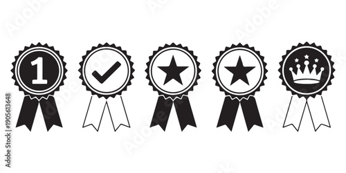 Set of black and white award ribbon badges with number one, checkmark, star and crown icons