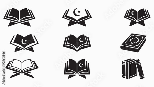 Islamic holy book quran icons set with crescent moon and star symbols