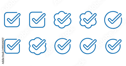 Blue check mark icons inside squares circles and cloud shapes for confirmation or verification