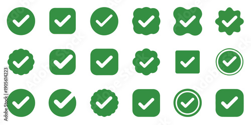 Green check mark icons in various shapes like circles squares and abstract forms for approval