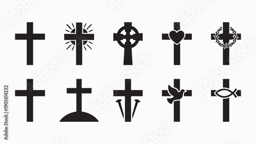 Collection of ten diverse black christian cross designs for religious themes and spiritual artwork