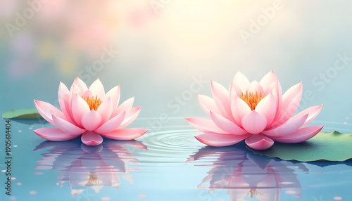 Tranquil pink water lilies gently floating on a serene water surface, with soft light filtering through