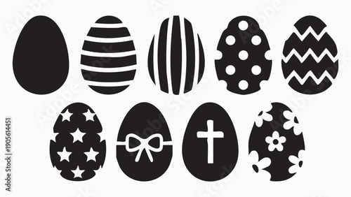 Set of ten black easter eggs with different designs for decoration and holiday celebration