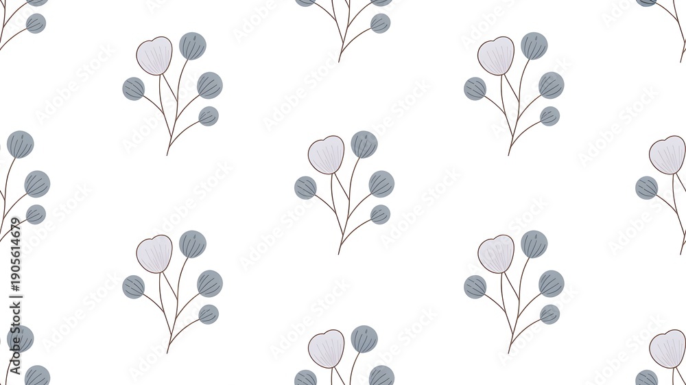 Fototapeta premium Charming Seamless Floral Pattern Featuring Delicate Branches with Grey Berries and Subtle Purple Blossoms