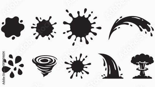 Set of black silhouette liquid splash, tornado, and atomic explosion icons, symbolizing natural forces and destructive power