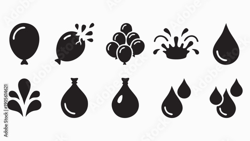 Water balloon and splash icons set for summer fun and festive games