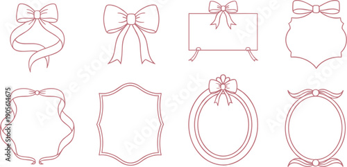 Elegant ribbon bows and decorative vintage frames collection isolated pink outline flat vector illustration set