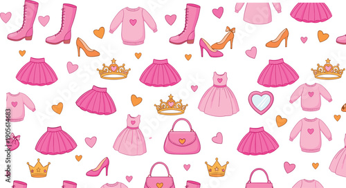 Pink princess fashion pattern with dresses shoes skirts crowns and hearts cute flat vector illustration