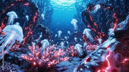 Wallpaper Mural A surreal underwater scene with glowing jellyfish and red lightning on dark coral 4k video Torontodigital.ca