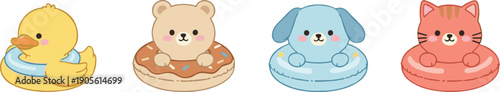 Cute animal characters floating in inflatable swim rings collection isolated flat vector illustration for kids designs