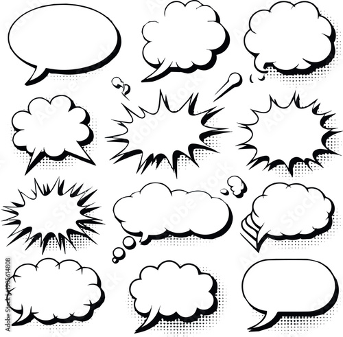 Isolated Speech bubbles icons set for comics. Callout clouds cartoon illustrations. Vector illustrations collection. Cartoon words balloons for Comic book on white background