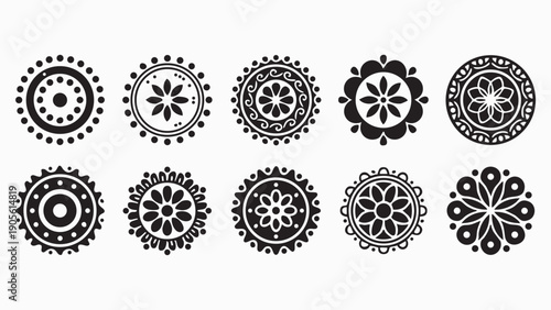 Set of abstract decorative mandala-like patterns, featuring intricate floral and geometric designs