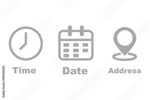 time location calendar icon set. Address, notification bell. clock sign. location pin signs. Calendar icon symbol. Location place, date reminder. Vector