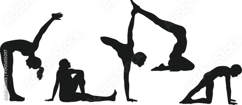 Black silhouette set of women practicing various yoga poses, female athletes stretching and exercising for wellness, health, and fitness lifestyle. (20 words)