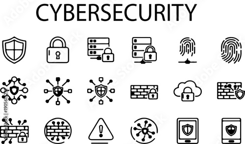 Cybersecurity vector icon set with shield, padlock, server, fingerprint, firewall, cloud lock, and warning sign, isolated on white