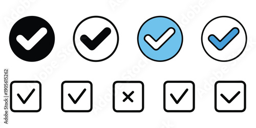 Check mark icons. check mark black, blue. vector illustration. ok, done, complete, accept