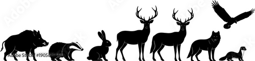 Black silhouette set of wild forest animals including deer, wolf, wild boar, rabbit, badger, and eagle isolated on white background