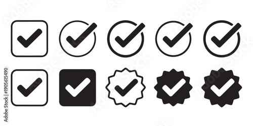 Various check mark icons in square circle and starburst shapes in black and white