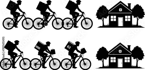 Vector silhouette set of bicycle delivery riders carrying backpacks and packages approaching residential houses isolated on white background