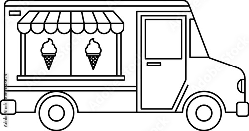 Ice cream truck line art illustration, street food van with cone icons, summer dessert mobile shop, catering service vehicle vector for children coloring book.