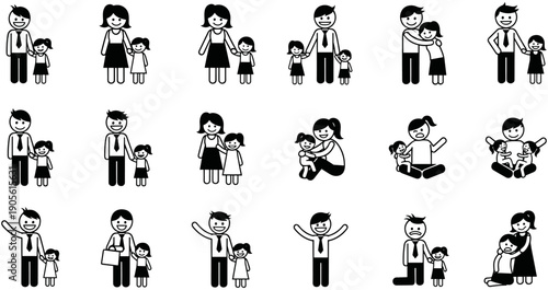 Happy family father and mother playing with daughter icons set, parent and child bonding moments, stick figure family life vector illustration for social care.