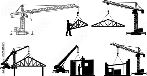 Tower crane and mobile crane lifting heavy steel roof trusses on construction site, industrial engineering machinery and worker silhouettes, architectural building development vector illustration.