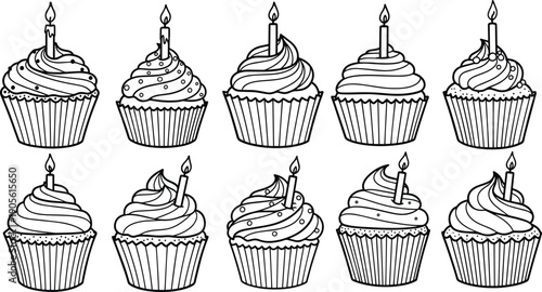 A set of vector cupcakes with lit candles in a line art silhouette style for birthday celebrations