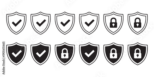 Shield icons with check marks and lock symbols in outline and filled styles