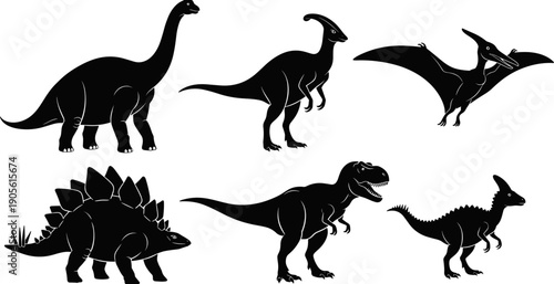 Dinosaur silhouette collection featuring T-Rex, Stegosaurus, Brachiosaurus, and Pterodactyl, prehistoric animal set for educational biology, museum exhibition, and ancient wildlife vector illustration