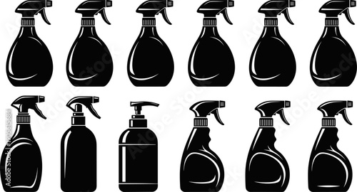 Professional cleaning spray bottle silhouettes set, disinfectant trigger sprayer collection, household chemical dispenser icons, sanitary hygiene product vector illustration for housekeeping.