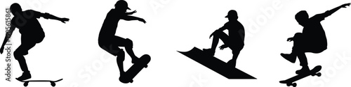 Black silhouettes of skateboarders performing tricks and jumps, active teenage skaters on skateboards and ramps isolated on white background, urban sports
