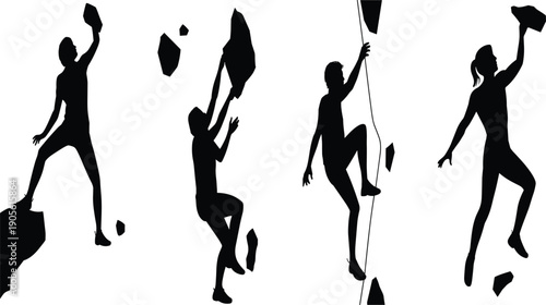Black silhouettes of rock climbers and bouldering athletes scaling stone walls and cliffs, mountain climbing sports isolated on white background,